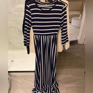 Navy & White Striped 3/4 Sleeve Maxi Dress